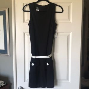 Little black dress, drop waist white leather belt